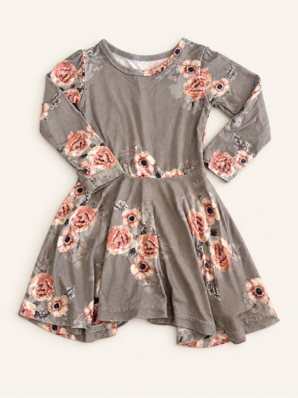 Belan J bamboo Floral Long-Sleeve Grey Twirl Dress
